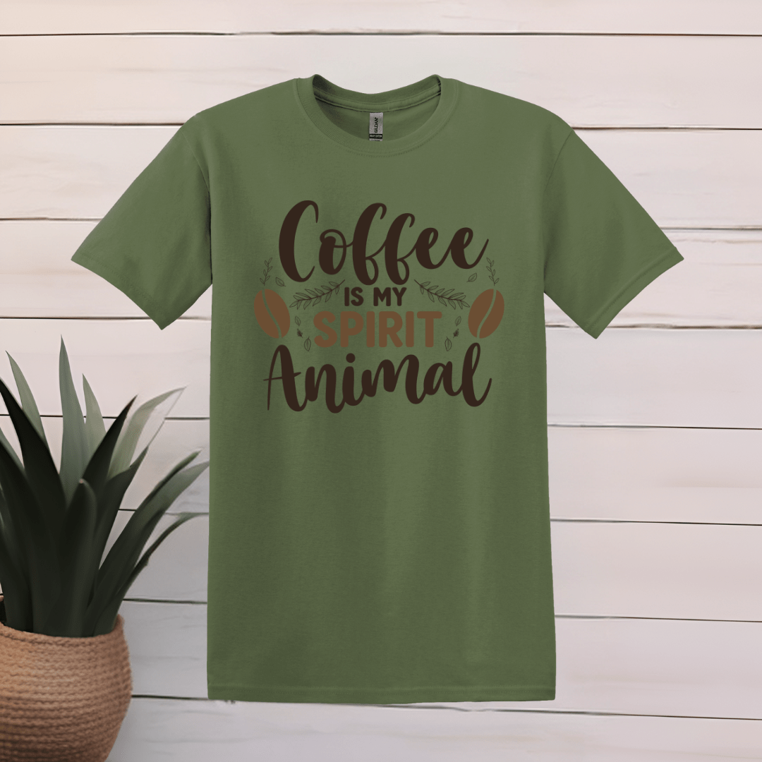 Printify T-Shirt S / Military Green Coffee is my spirit animal Pine design T shirt