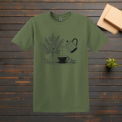 Printify T-Shirt S / Military Green Coffee Pour Line Art T Shirt