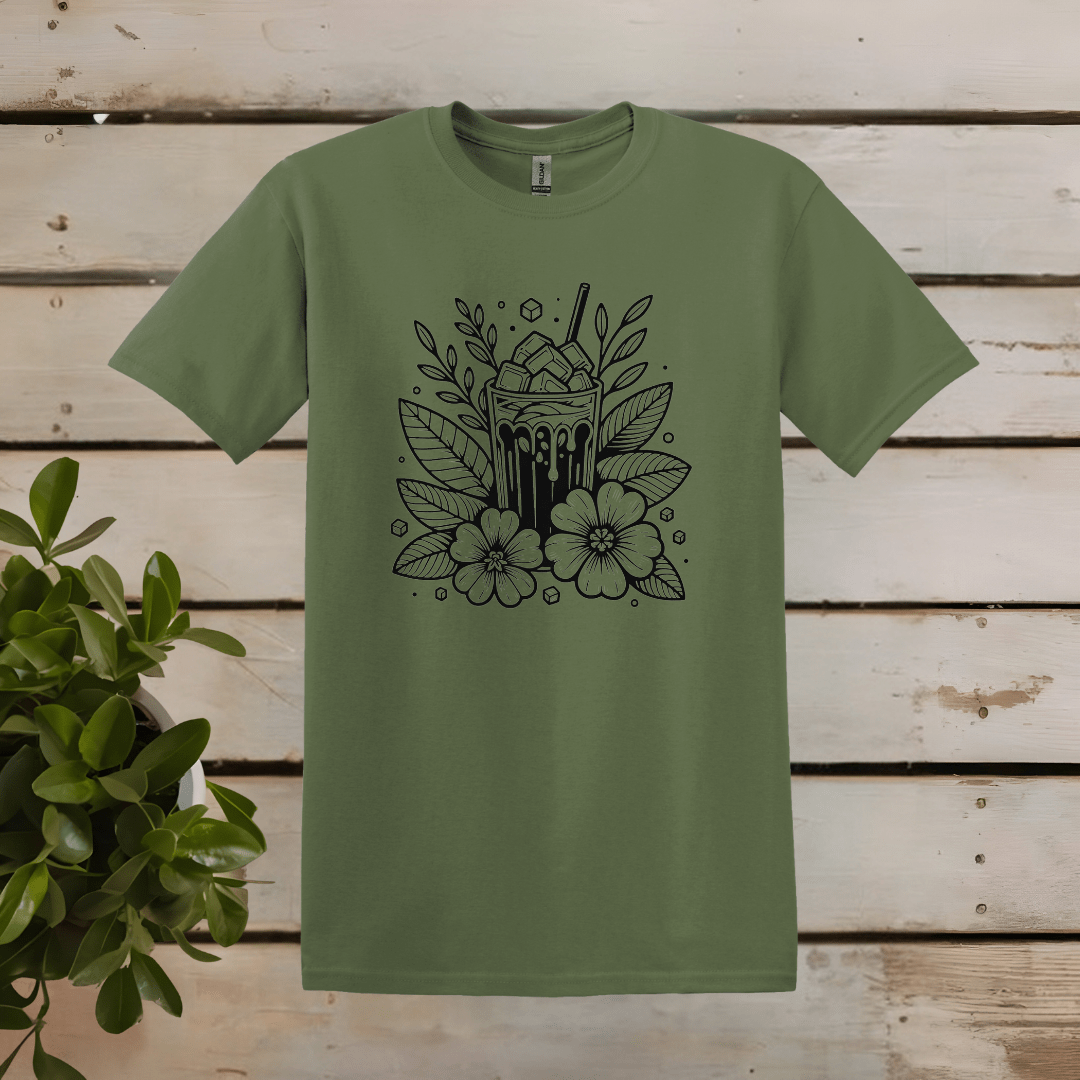 Printify T-Shirt S / Military Green Floral Ice Coffee Line Art T shirt