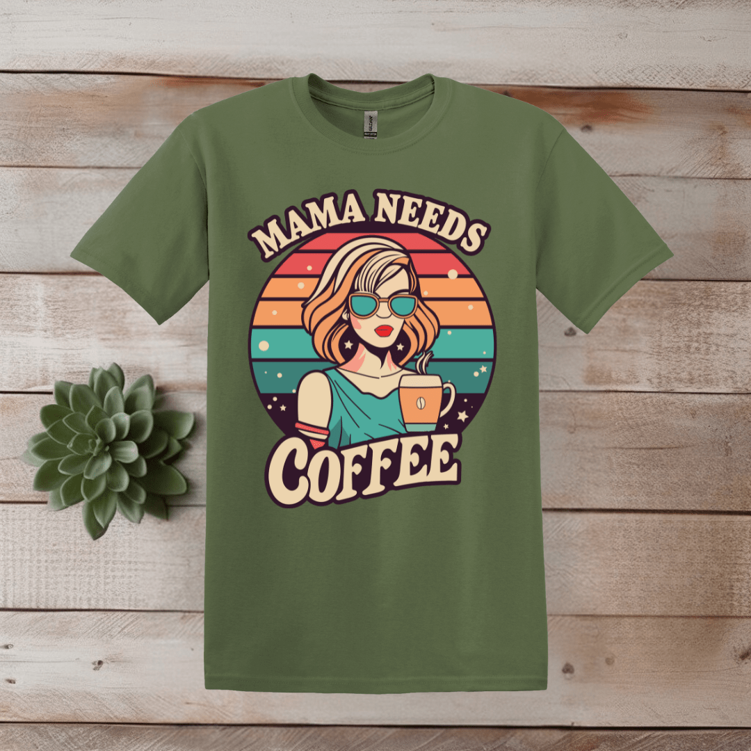 Printify T-Shirt S / Military Green Mama Needs Coffee - Graphic T shirt