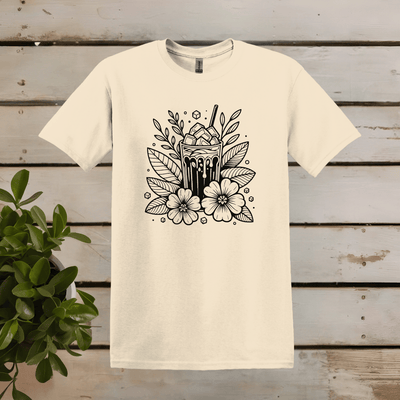 Printify T-Shirt S / Natural Floral Ice Coffee Line Art T shirt