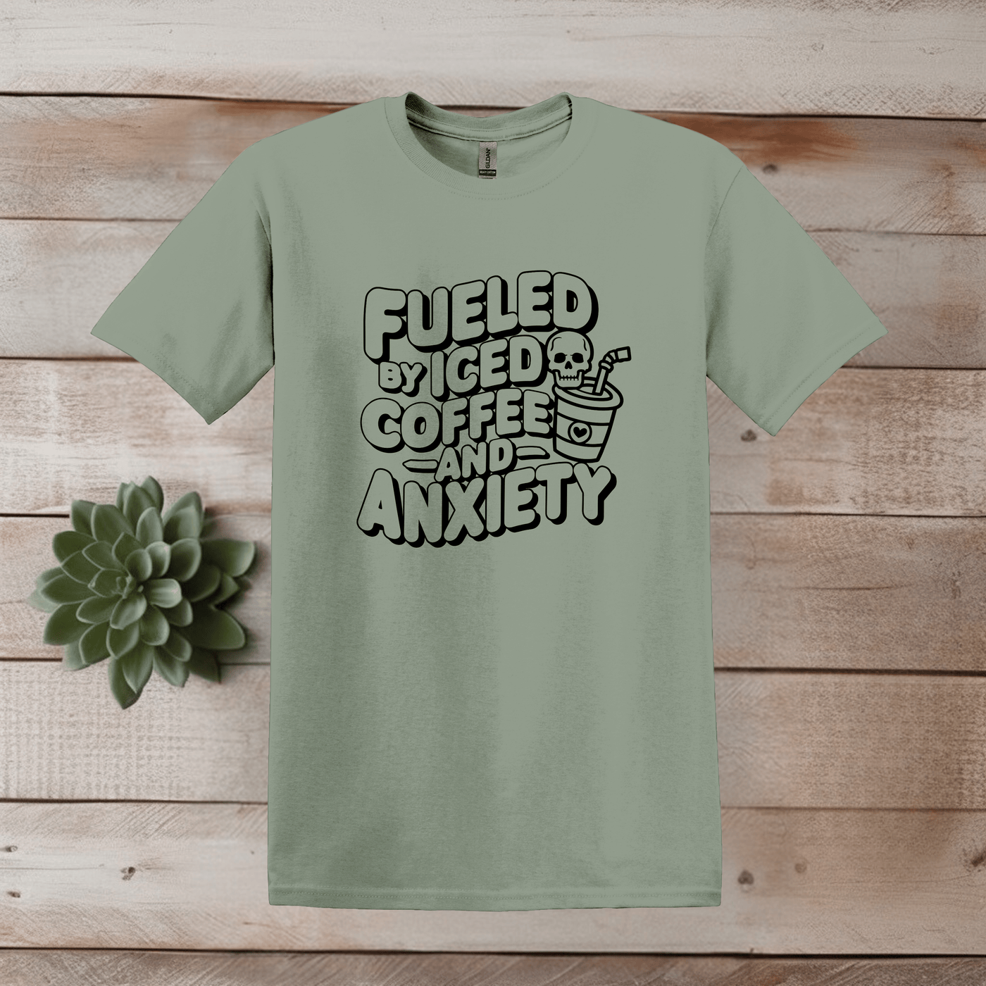 Printify T-Shirt S / Sage Iced Coffee and Anxiety Word Art T shirt