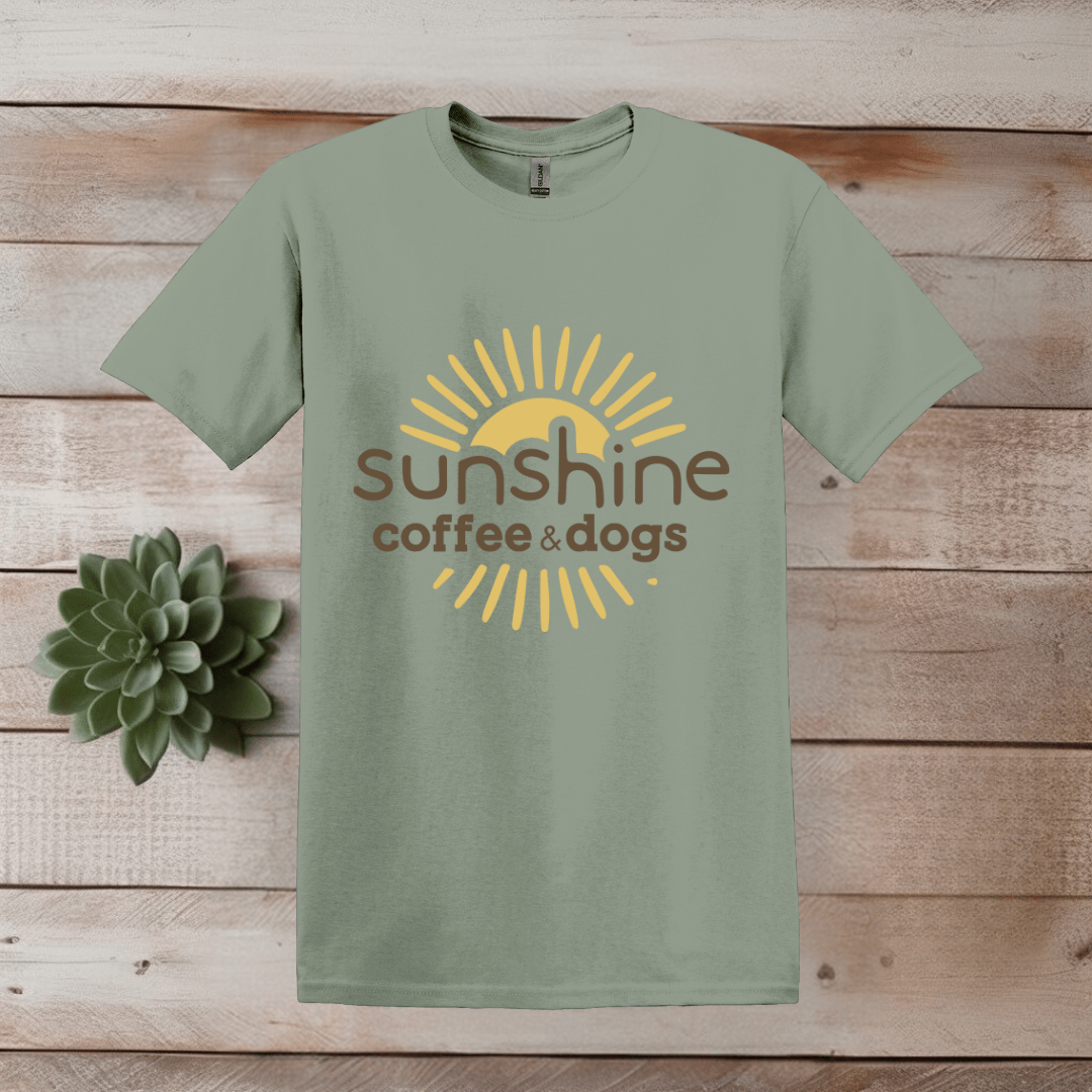 Printify T-Shirt S / Sage Sunshine, Coffee, And Dogs T Shirt