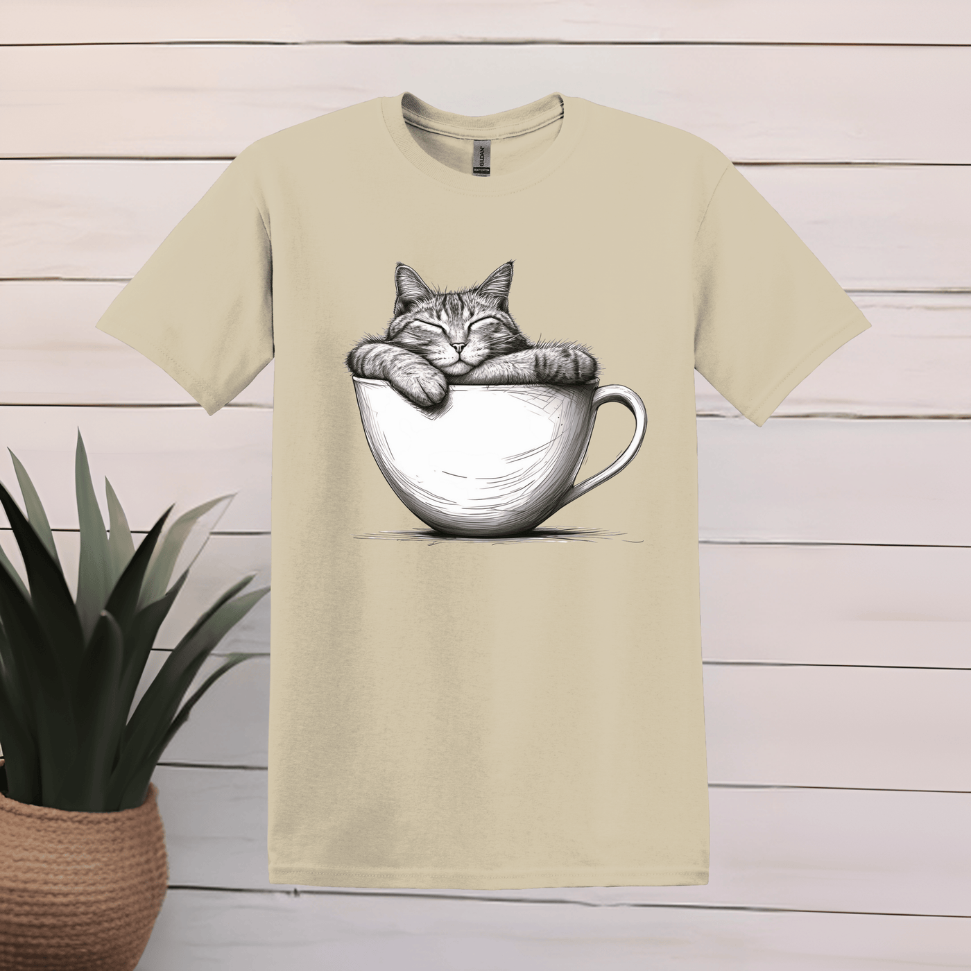 Printify T-Shirt S / Sand Cat Sleeping in Coffee Cup T shirt