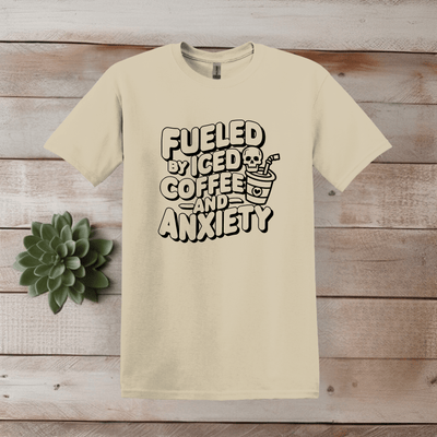 Printify T-Shirt S / Sand Iced Coffee and Anxiety Word Art T shirt