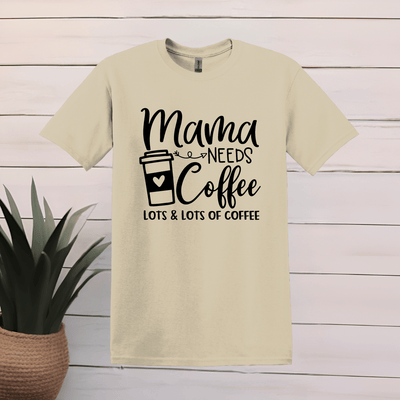 Printify T-Shirt S / Sand Mama Needs Coffee Word Art T shirt