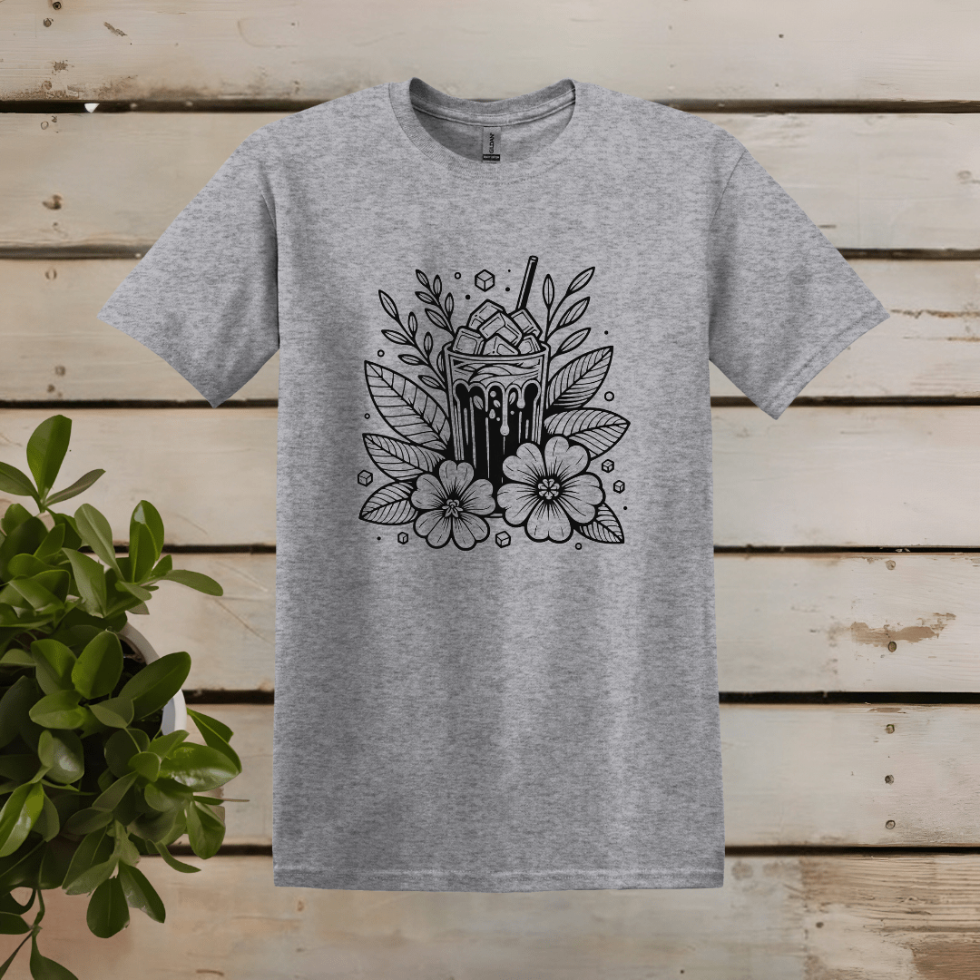 Printify T-Shirt S / Sport Grey Floral Ice Coffee Line Art T shirt