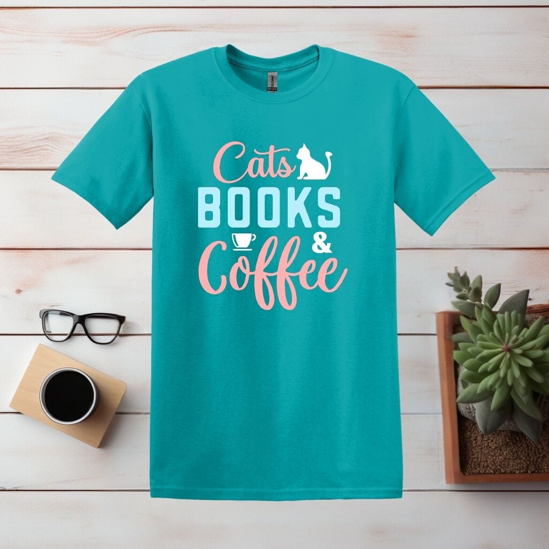 Printify T-Shirt S / Tropical Blue Cats, Books, and Coffee T Shirt