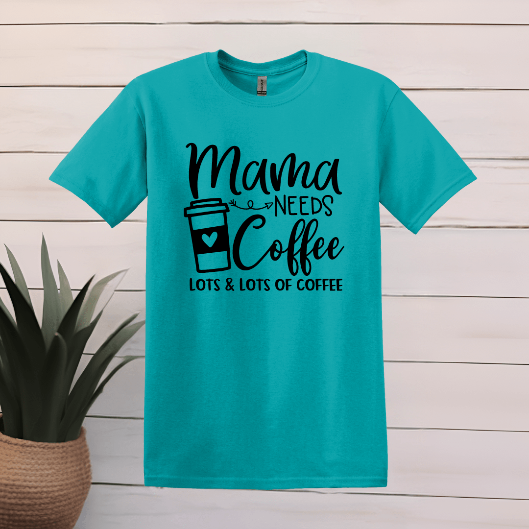 Printify T-Shirt S / Tropical Blue Mama Needs Coffee Word Art T shirt