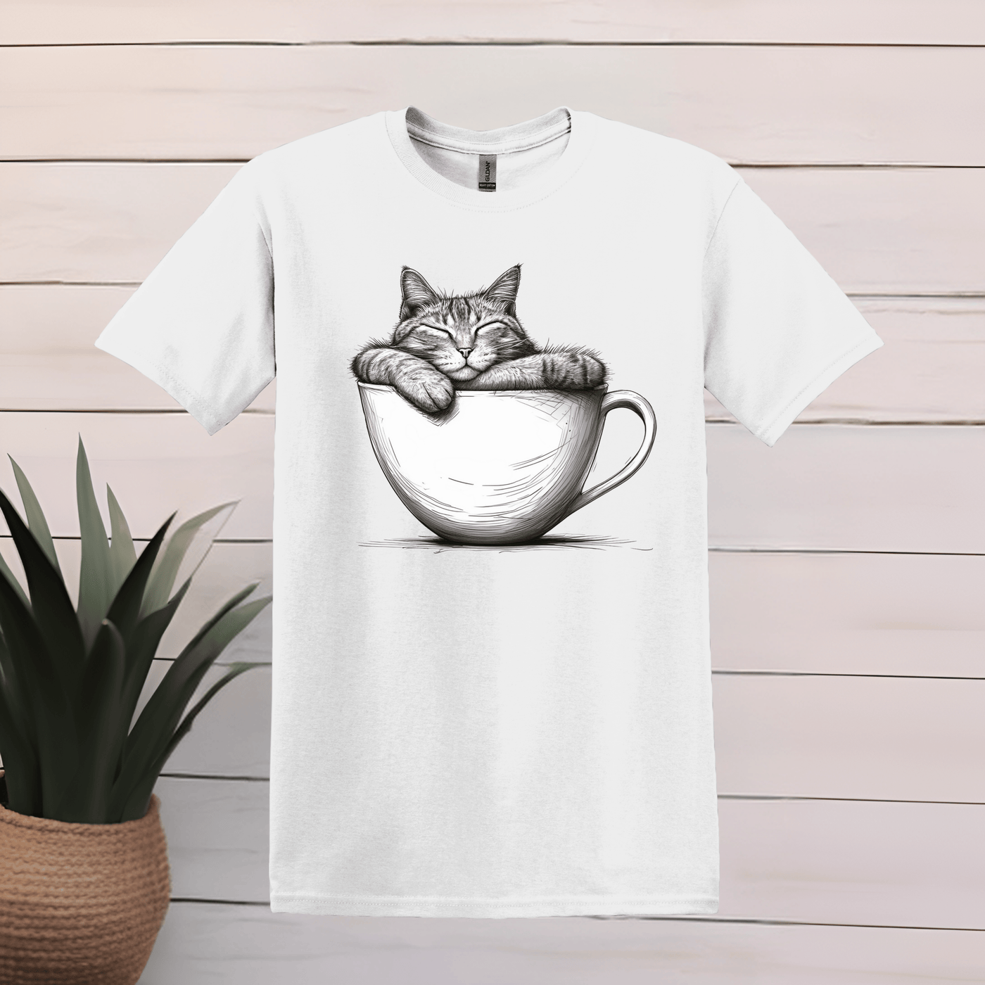 Printify T-Shirt S / White Cat Sleeping in Coffee Cup T shirt