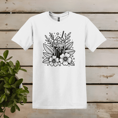 Printify T-Shirt S / White Floral Ice Coffee Line Art T shirt