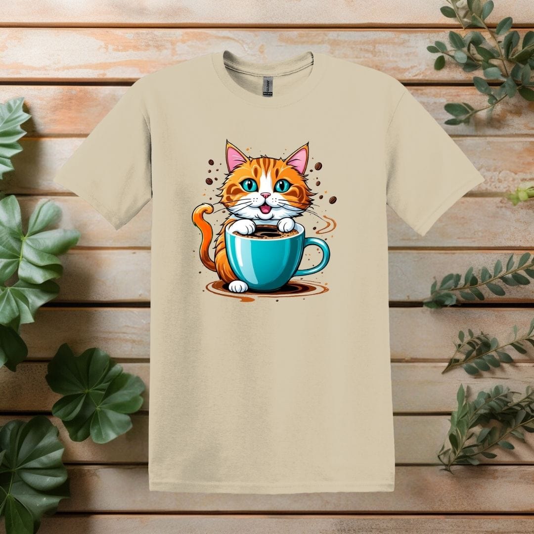 Printify T-Shirt Sand / S Cat and Coffee Cup T shirt