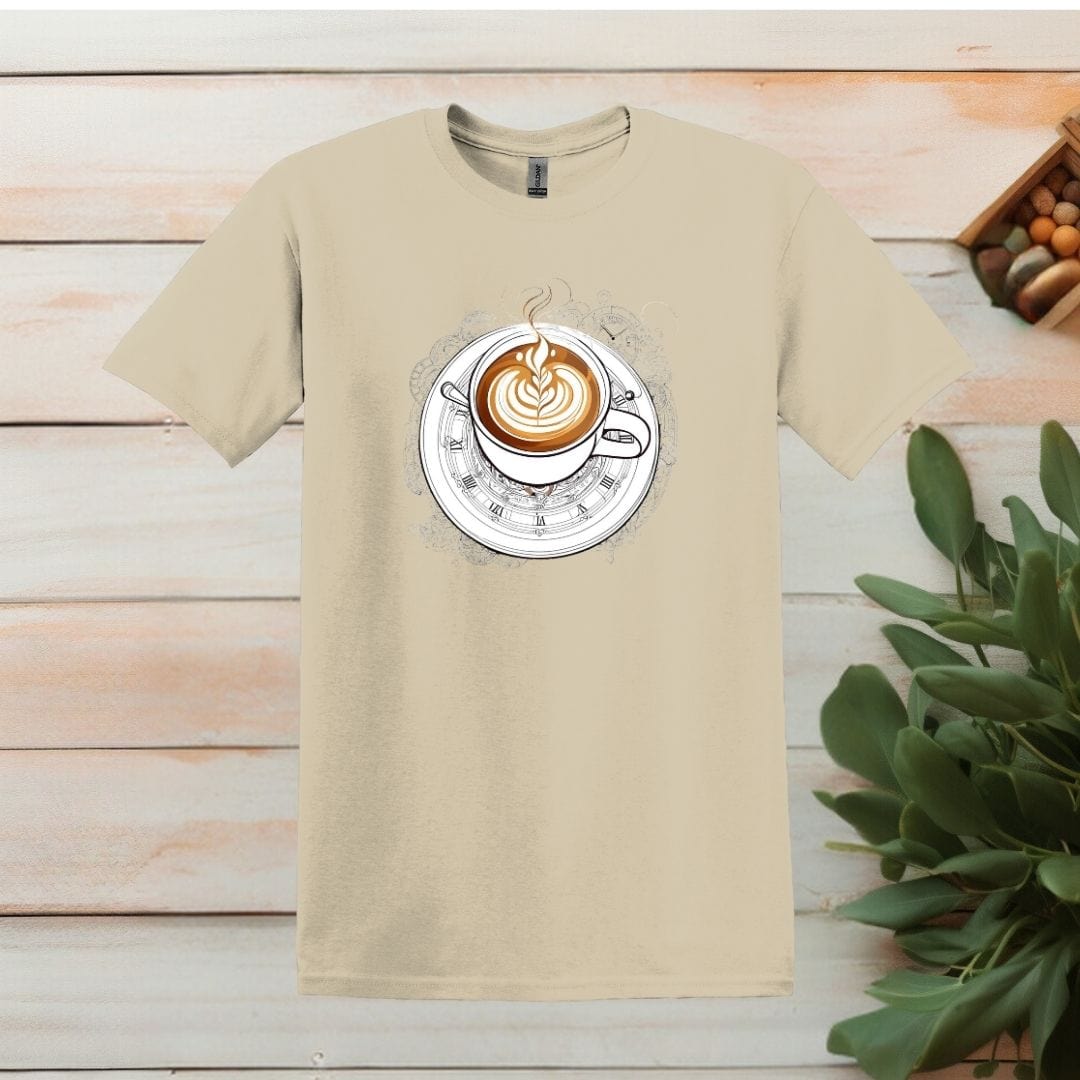 Printify T-Shirt Sand / S Clock and Coffee Design T shirt