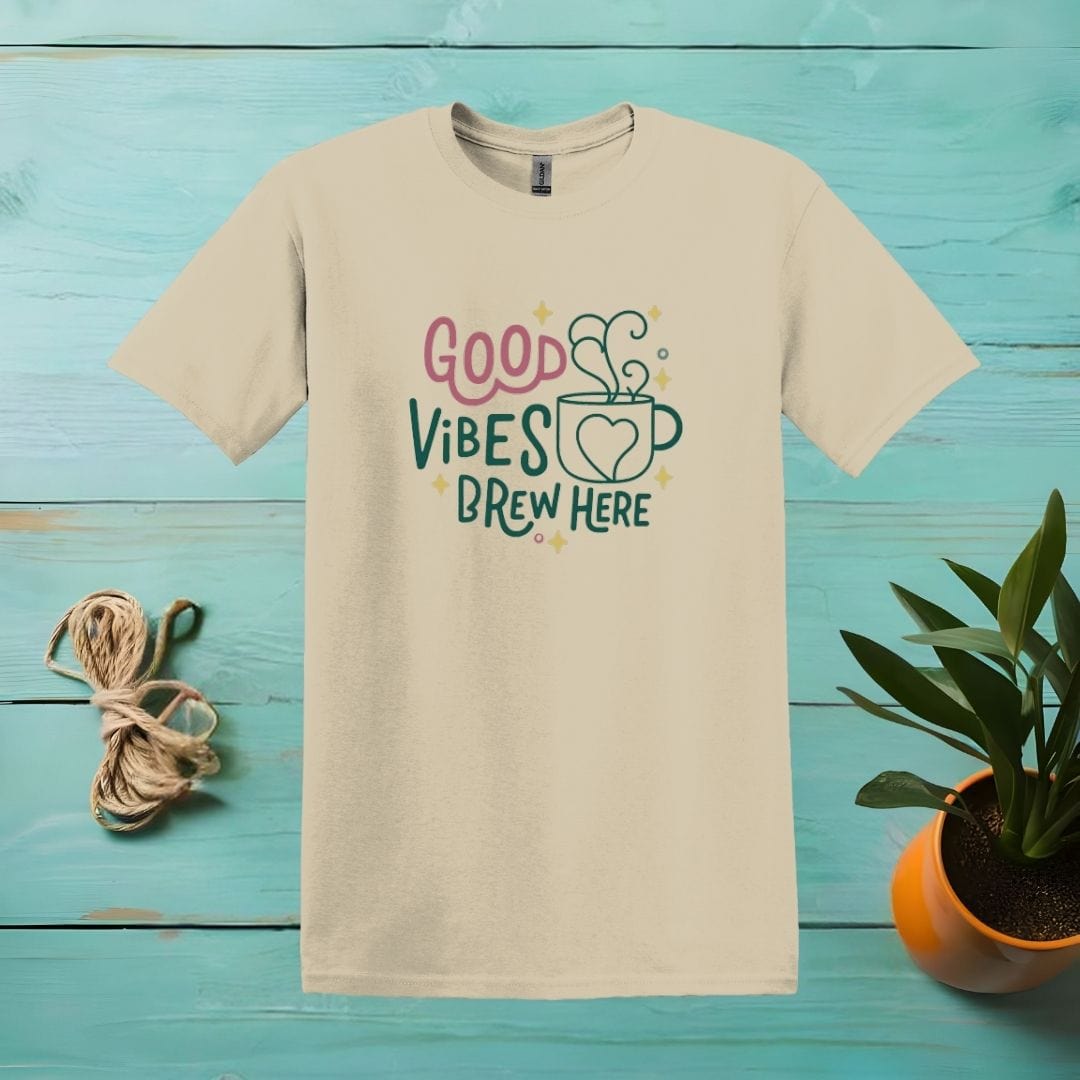 Printify T-Shirt Sand / S Good Vibes Brew Here T shirt