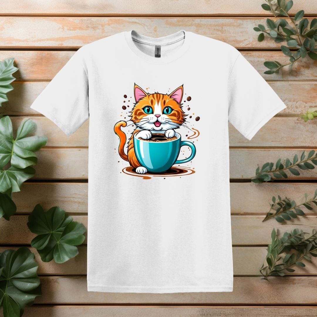 Printify T-Shirt White / S Cat and Coffee Cup T shirt