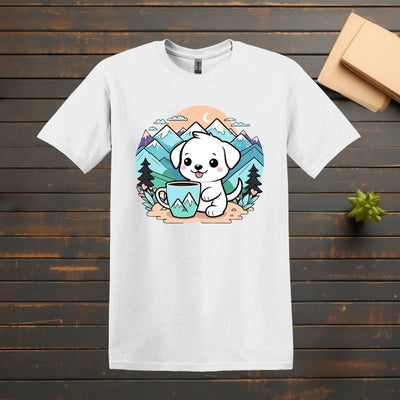 Printify T-Shirt White / S Cute Mountain Dog With Coffee T shirt