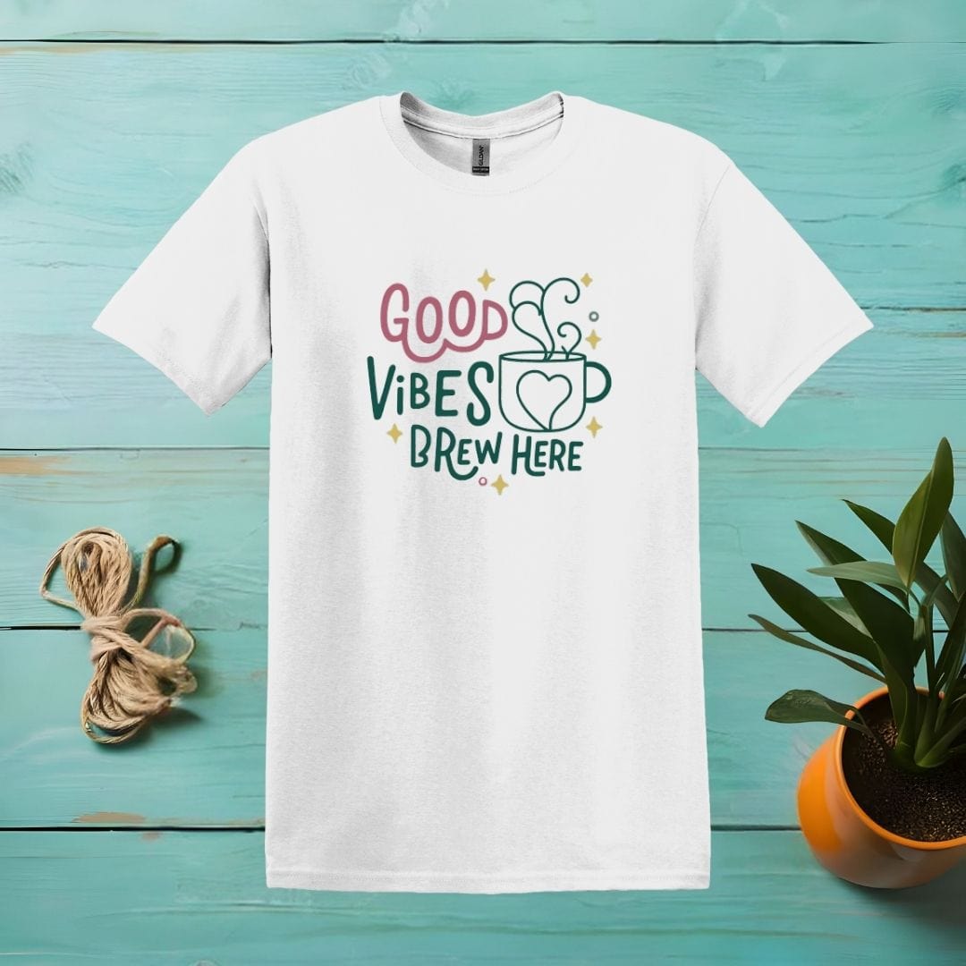 Printify T-Shirt White / S Good Vibes Brew Here T shirt