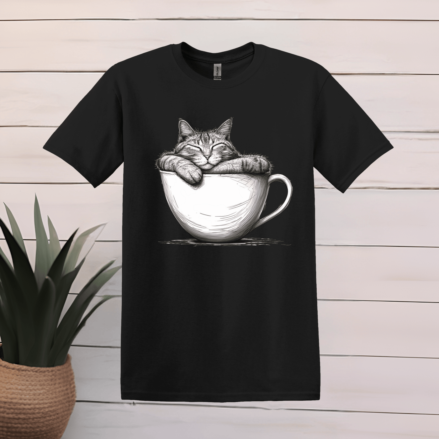 Printify T-Shirt XS / Black Cat Sleeping in Coffee Cup T shirt